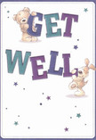 This delicately crafted get well card is a portrait of cheer, its design radiating the light-hearted optimism familiar in Holborn's close-knit neighbourhoods. At the forefront, an endearing teddy bear and an energetic puppy rise playfully from the card's surface, each engaged in a joyful balancing act atop bold, colourful letters that spell out 'Get Well.' The typography-rendered in vivid indigo and teal-glows against a gentle cream backdrop, evoking the vibrant hues of seasonal bouquets prepared for local residents. Scattered throughout, bright stars twinkle in varying shades of blue and purple, echoing the twilit energy found in Holborn's evening skies above leafy Red Lion Square. The illustrated bear's plush fur and the puppy's invitingly soft ears create a sense of comfort and familiarity, almost as if offering a warm embrace-just as a thoughtfully delivered bouquet does for those on the mend. In both image and intent, this card supplies a tender balm for the spirit, its joyful visuals and sincere warmth making it the perfect gesture for sharing compassion with someone recovering here in central Holborn.